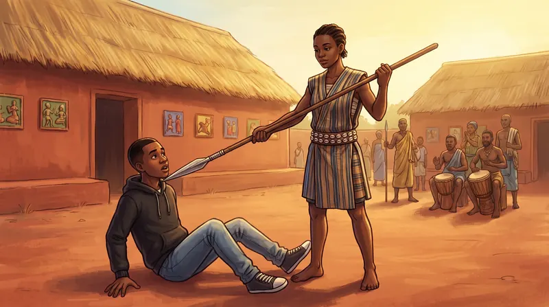 À Abomey en 1890, une guerrière Agojié arrête le héros avec sa lance