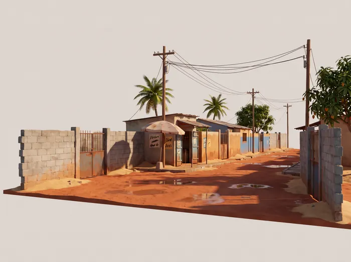 La rue de Togbo, avec ses poteaux et ses palmiers